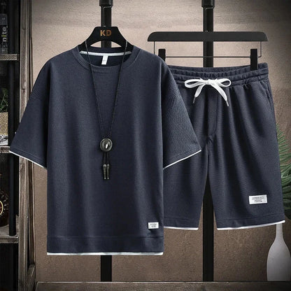 Conjunto deportivo informal de verano para hombre, pantalones cortos de manga corta con cordón, pantalones holgados de cinco cuartos, traje fino de dos piezas para hombre