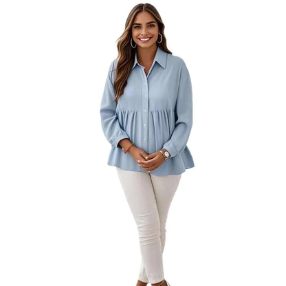 Ropa de maternidad, ropa para mujer, moda de primavera, camisas de color liso para embarazadas, blusa de manga larga con solapa y volantes