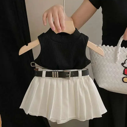 Ropa para niños, verano 2025, nueva moda para niñas, camiseta sin mangas, dulce y fresca, conjunto de falda de moda, ropa sencilla para niñas.