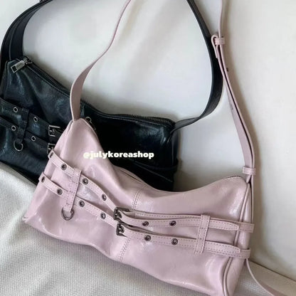 Bolso de motociclista de gran capacidad con diseño vintage de bloguero coreano Y2K, bandolera de un solo hombro con hebilla de cinturón estilo retro picante
