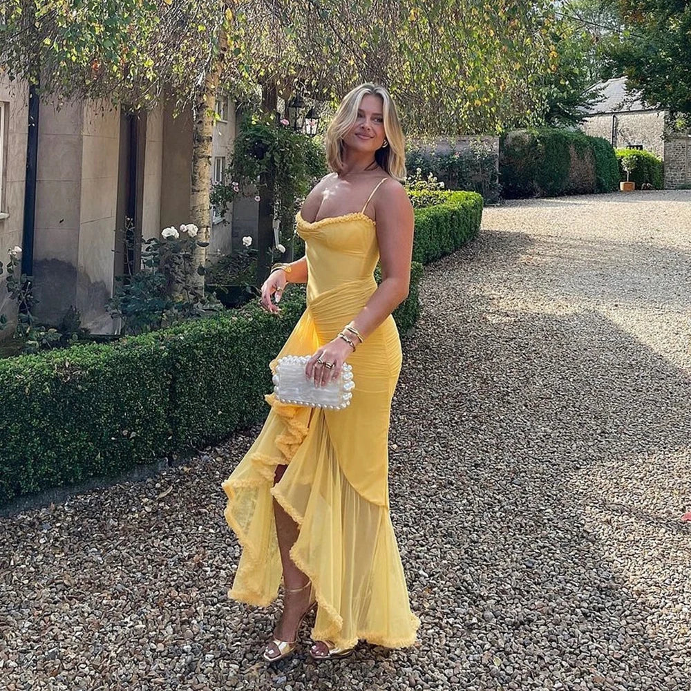 Vestidos de fiesta de malla irregular Suninheart 2024, nuevos modelos, vestido ajustado con tirantes finos, vestido largo fruncido de moda para mujer.