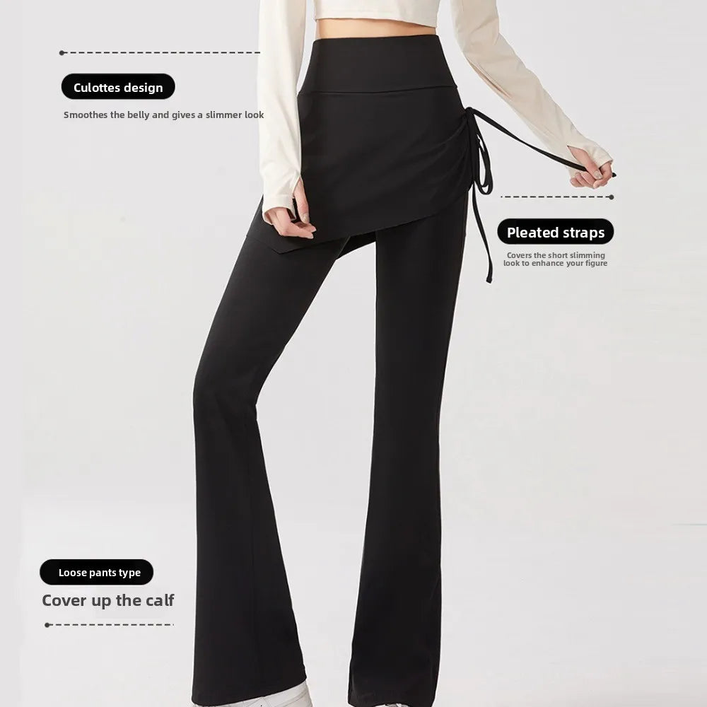 Leggings deportivas 2 en 1 con diseño de falda, dobladillo acampanado, cintura alta y cordón ajustable para yoga, actividades al aire libre y fitness.