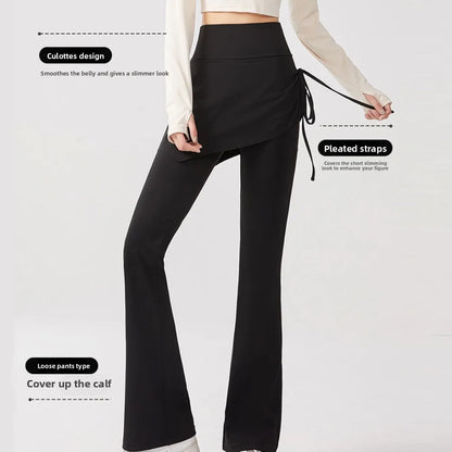 Leggings deportivas 2 en 1 con diseño de falda, dobladillo acampanado, cintura alta y cordón ajustable para yoga, actividades al aire libre y fitness.