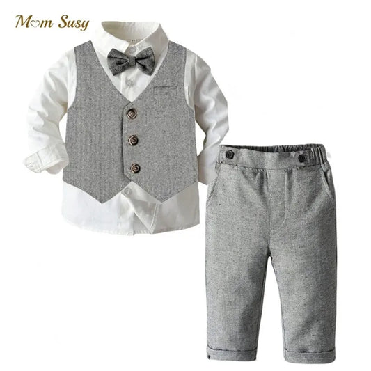 Conjunto de ropa para bebé niño, camisa con lazo, chaleco y pantalón, 3 piezas, traje de manga larga para fiesta de cumpleaños, ropa para bebé de 0 a 7 años