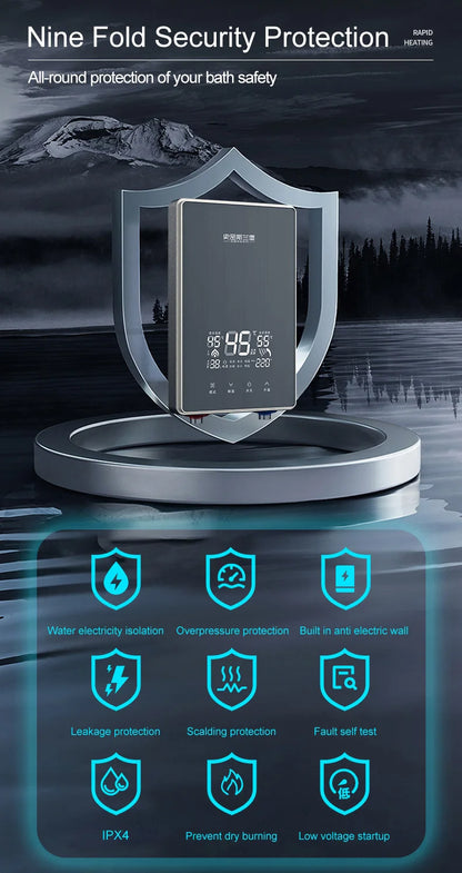 Calentador eléctrico instantáneo de agua IPX4, 7500 kW, calentamiento rápido, sin tanque, con pantalla LED y resistencia al agua.
