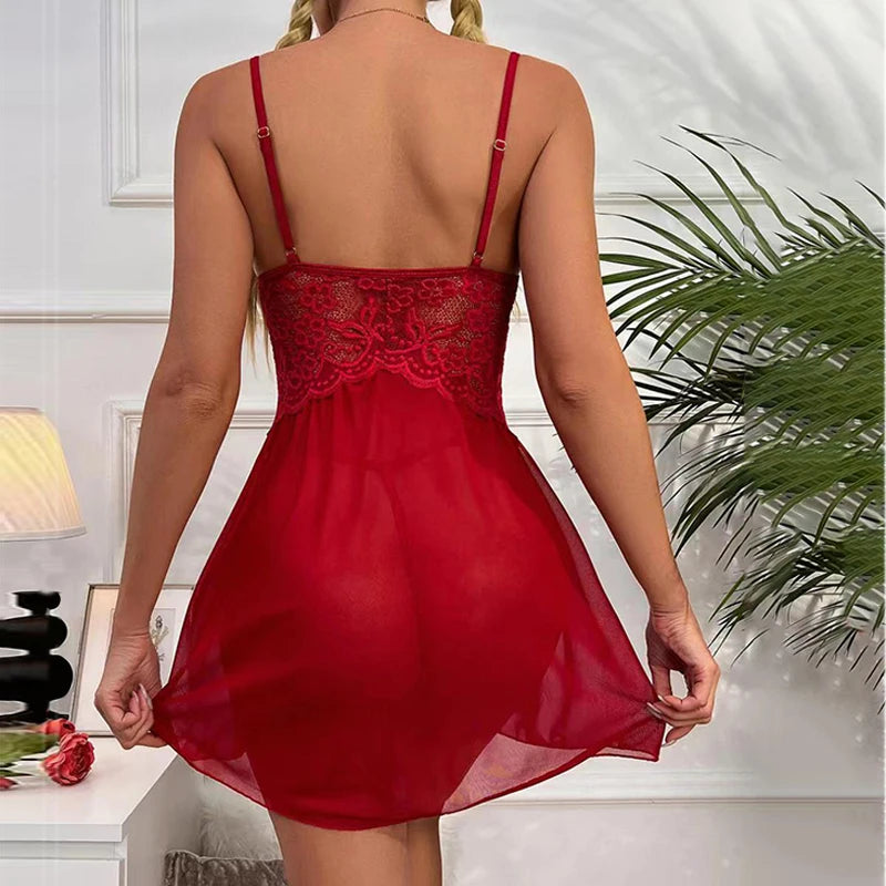 Conjunto de sujetador con cuello halter para mujer, lencería sexy de malla sólida con encaje y retazos, ropa interior con vestido y disfraces eróticos, 2023