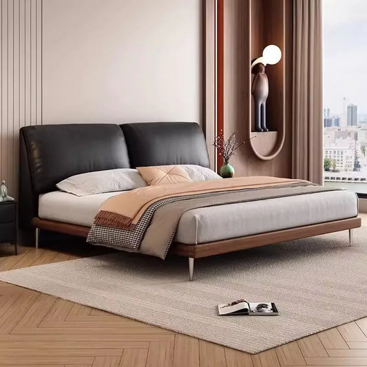 Cama doble europea minimalista con decoración negra, moderna y flexible, tamaño king, de madera, muebles matrimoniales para el hogar