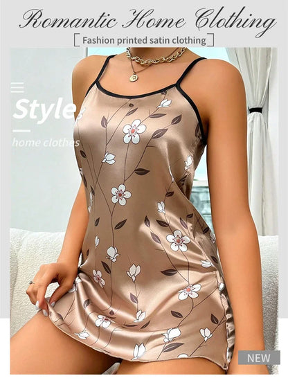 Camisón de satén con estampado floral para mujer, ropa de dormir informal sin mangas y sin espalda, sexy, para el hogar