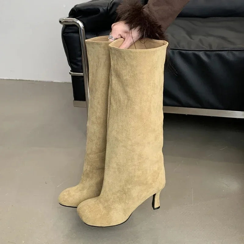 Botas de lujo para mujer, botas de invierno con punta redonda y tacón alto hasta la rodilla, estilo punk, botines largos para mujer