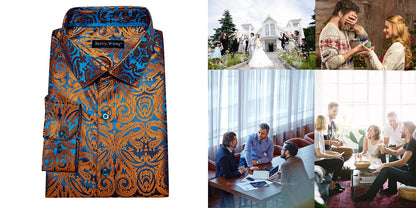 Camisas de seda de diseño para hombre en azul, dorado, verde, rojo, blanco y negro. Estampado cachemir bordado. Corte ajustado. Blusas casuales de manga larga.