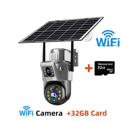 Cámara de seguridad CCTV V380 Pro 4K 8MP con 2 lentes, WiFi 4G, energía solar, visión nocturna PIR para exteriores, IP66, batería de bajo consumo.