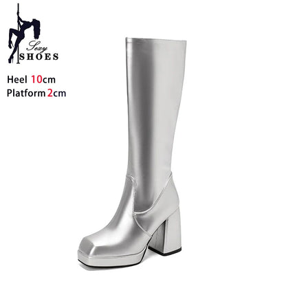 Botas altas impermeables para mujer, con plataforma de 10 cm y punta cuadrada, botines de invierno 2025 hasta la rodilla con tacón grueso, talla grande 43