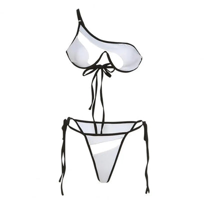 Conjunto de bikini de dos piezas con tirantes finos y un hombro, cintura alta, para playa, con perspectiva de retazos de hilo de red, bikinis sexys