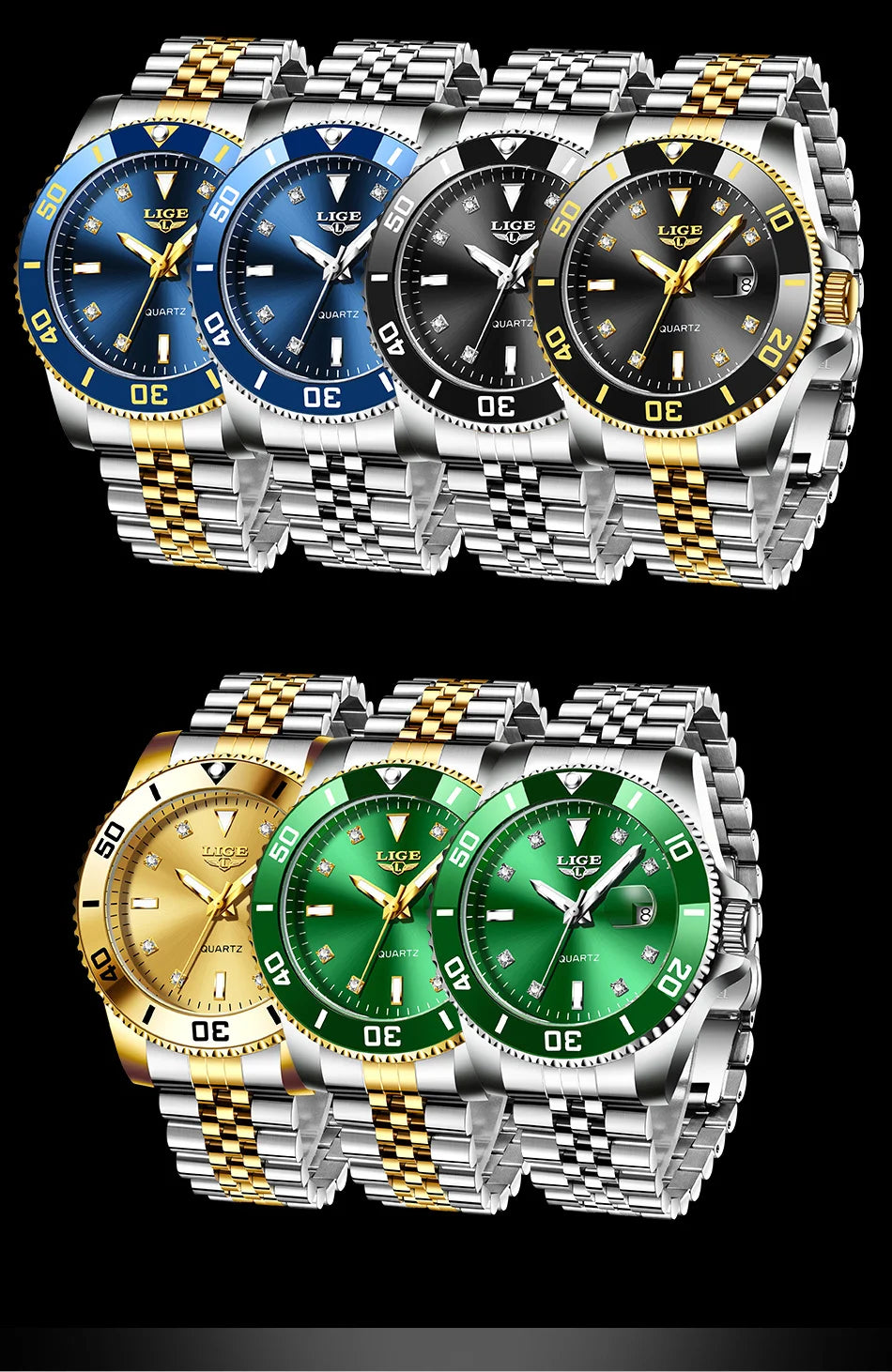 Reloj de lujo LIGE para hombre, reloj de cuarzo con esfera engastada de diamantes, resistente al agua, calendario, mariposa, doble cierre, acero inoxidable.