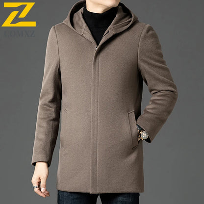 Abrigo largo de lana para hombre COMXZ, colección invierno 2025, gabardina de cachemir de diseño, chaqueta con capucha y forro de plumón de pato blanco, abrigo de lana de lujo