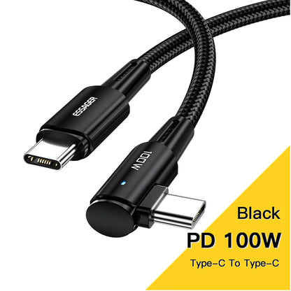 Cable USB tipo C a USB tipo C Essager de 100 W con ángulo de 90 grados para iPad, MacBook Pro, Xiaomi, Samsung y Huawei, carga rápida tipo C.