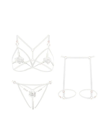 Lencería sexy para mujer, ropa interior abierta con abertura anal, sujetador con perlas huecas, pijama sexy de encaje, disfraz erótico de 3 piezas