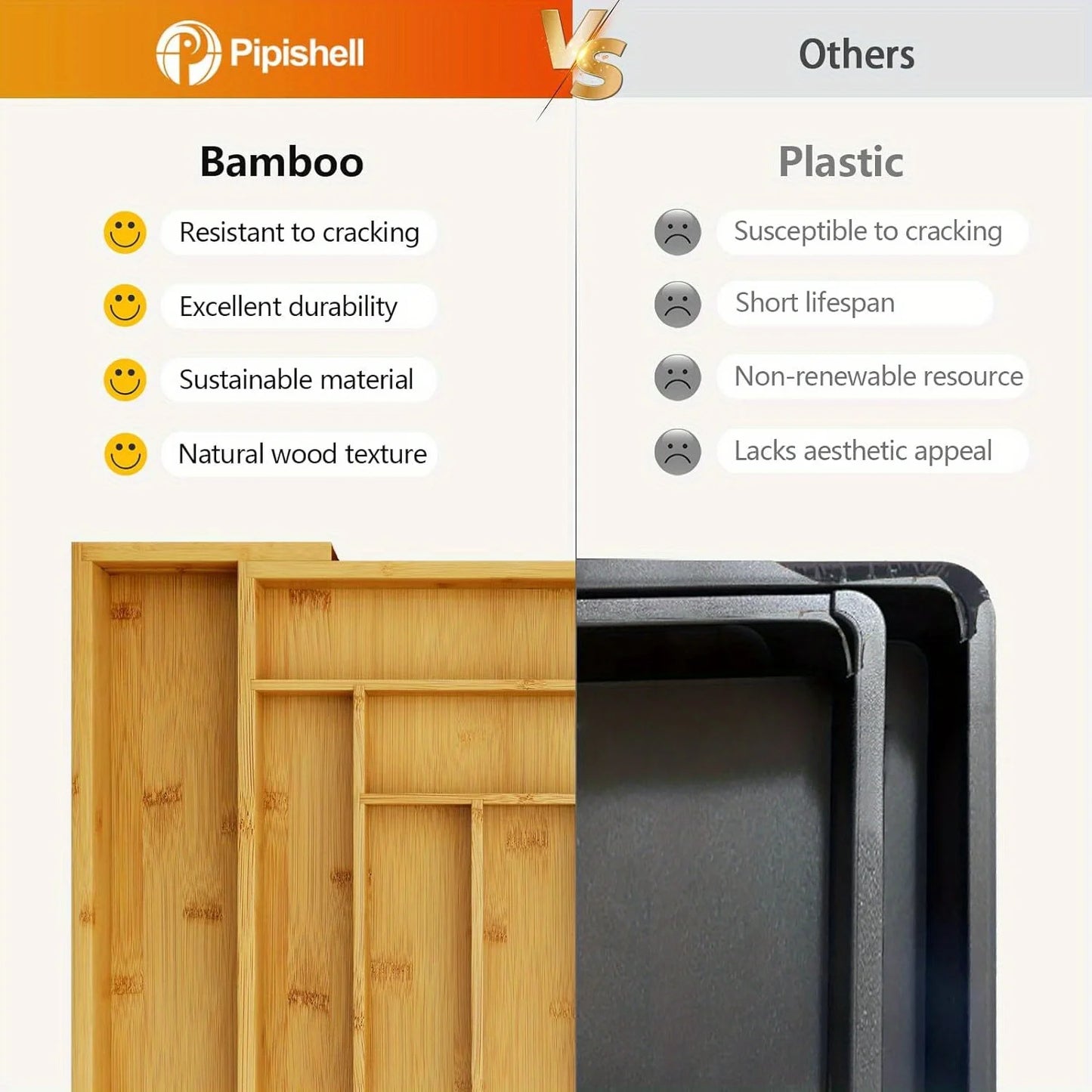 Organizador de cajones de bambú ajustable y expandible para cocina, dormitorio o sala de estar. Ideal para organizar cubiertos, cubiertos y cuchillos.