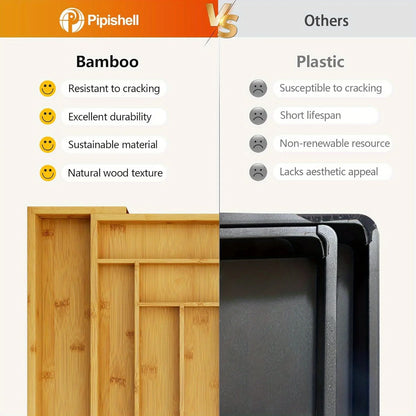 Organizador de cajones de bambú ajustable y expandible para cocina, dormitorio o sala de estar. Ideal para organizar cubiertos, cubiertos y cuchillos.