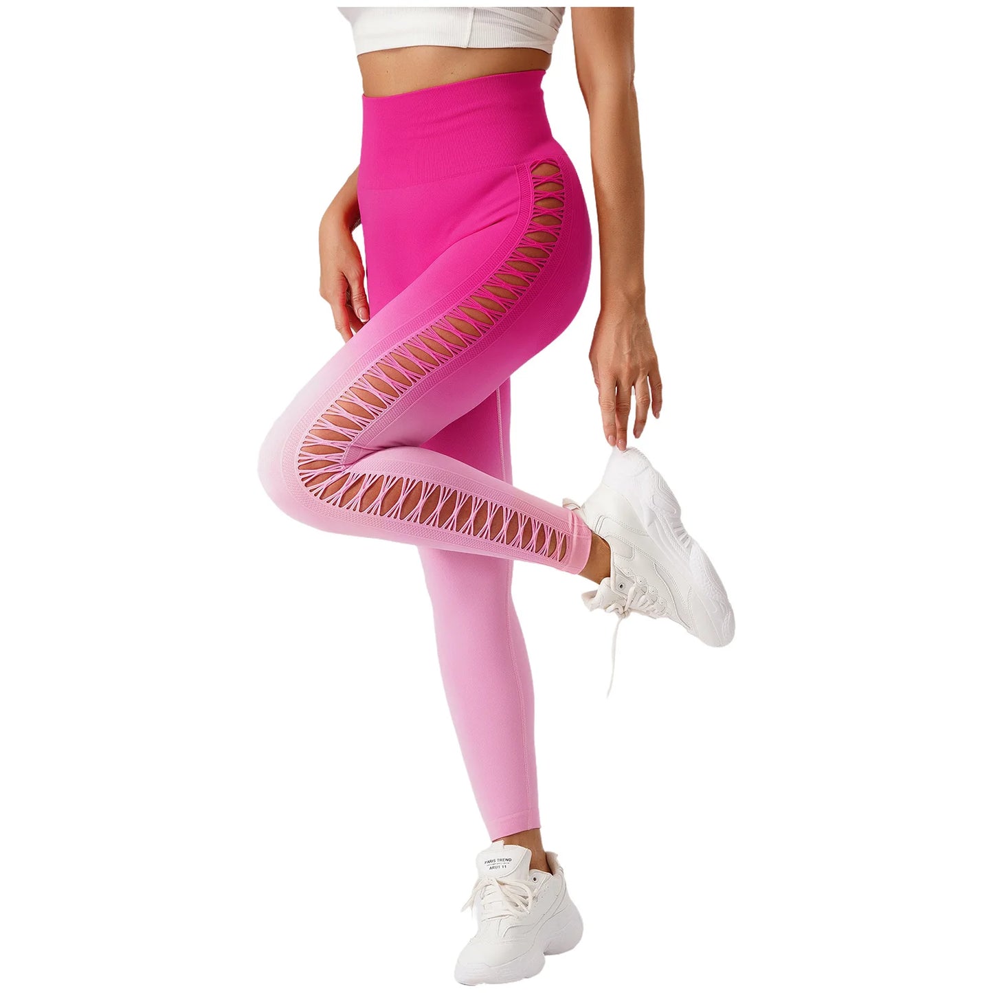 Womens Hip Tight Yoga Pants High Waist Side Hollowed-Out Mesh Design Exercise Yoga Leggings Running Gym Fitness