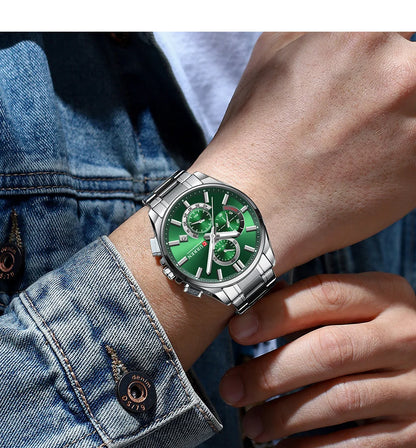 CURREN - Reloj cronógrafo de acero inoxidable para hombre con manecillas luminosas, tres subesferas, fecha automática, diseño moderno, de cuarzo