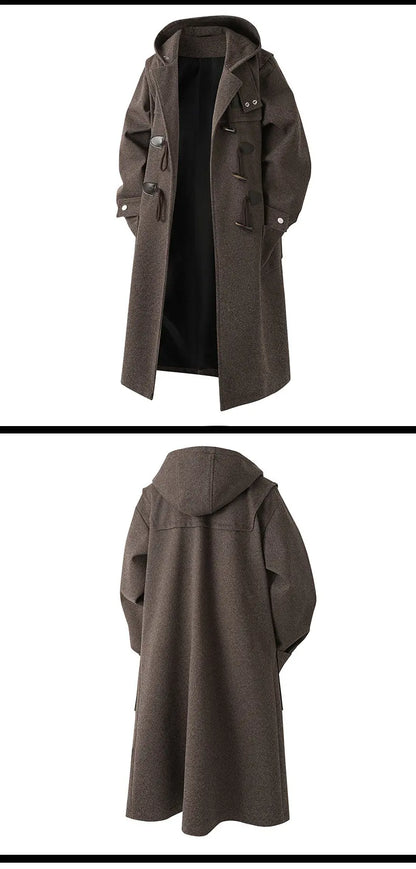 Autumn Men Thick Hooded Trench Coat Men Korean Wool Blends Overcoat Men Casual Horn Button Woollen Coat Black Warm Loose Coat