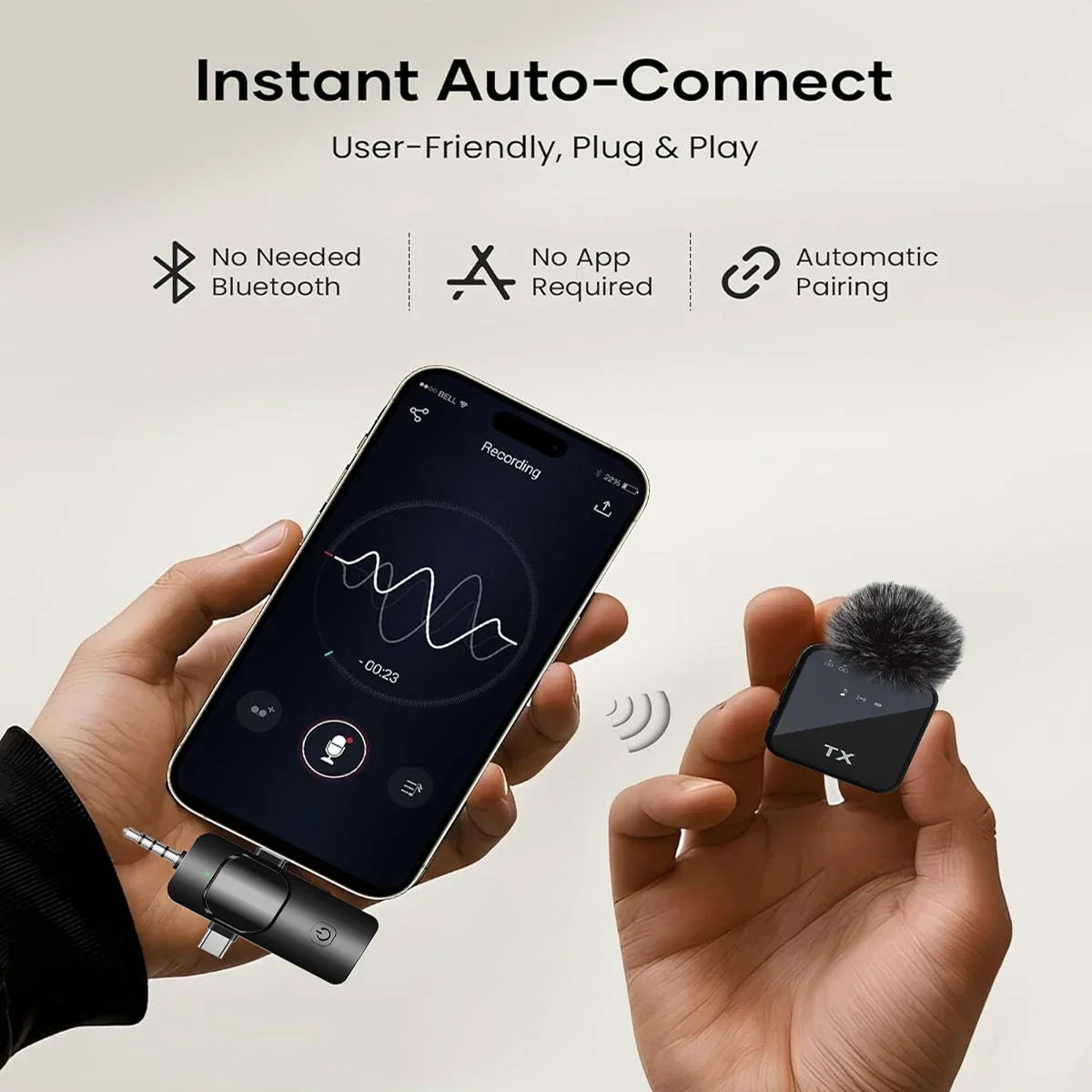 Micrófono de solapa inalámbrico 3 en 1 para cámara, iPhone y Android. Micrófono para grabación de video y podcasts con reducción de ruido.