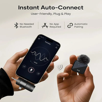 Micrófono de solapa inalámbrico 3 en 1 para cámara, iPhone y Android. Micrófono para grabación de video y podcasts con reducción de ruido.