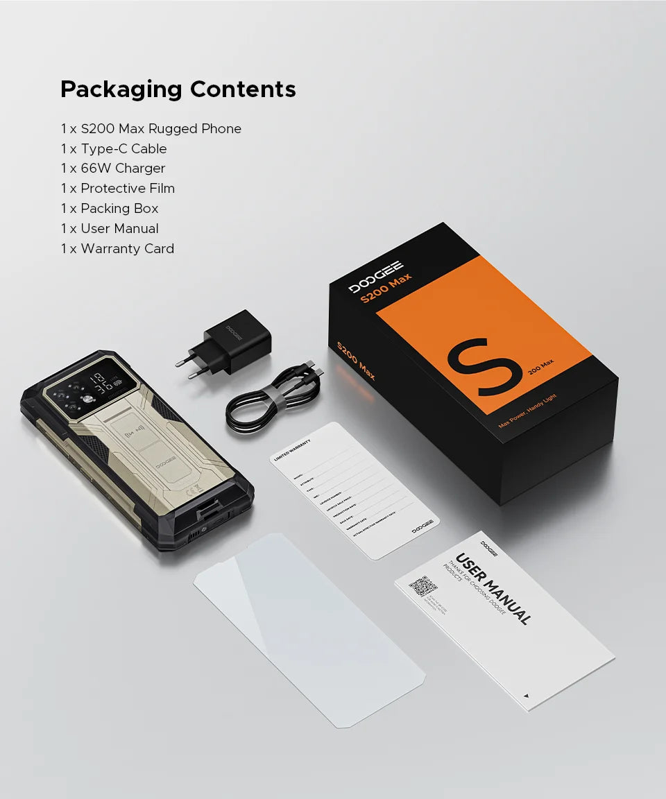 Teléfono resistente DOOGEE S200 Max, 16 GB + 512 GB, batería de 22000 mAh, procesador Dimensity 7050, pantalla de 6,72" a 120 Hz, pantalla trasera de 1,32", linterna dual.