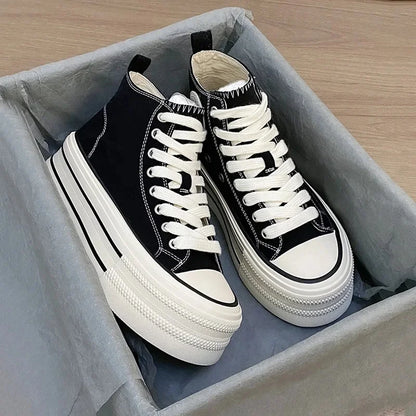Zapatos de lona altos para mujer, transpirables, con suela gruesa de goma, estilo universitario, versátiles, para verano, color blanco
