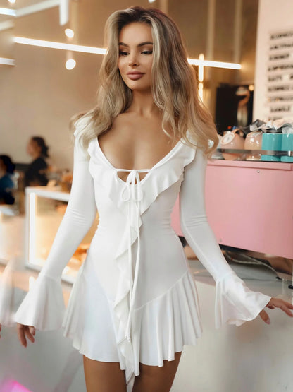 Vestido corto de mujer con volantes, patchwork blanco y negro, manga larga acampanada, encaje y cordones, para fiesta, noche, mini vestido, azul, rosa, rojo.