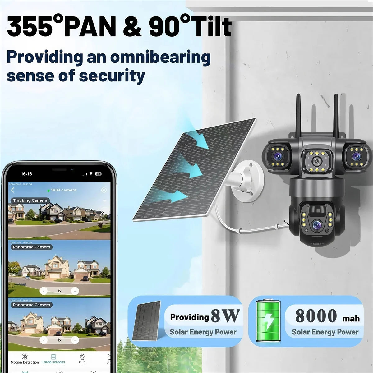 Cámara IP WiFi de 15 MP y 8K con tres lentes, resistente al agua y con carga solar para exteriores. Incluye visión nocturna, audio bidireccional y detección humana. Cámara de seguridad CCTV.
