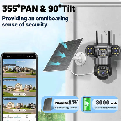 Cámara IP WiFi de 15 MP y 8K con tres lentes, resistente al agua y con carga solar para exteriores. Incluye visión nocturna, audio bidireccional y detección humana. Cámara de seguridad CCTV.
