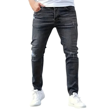 Pantalones vaqueros elásticos de corte ajustado para hombre, estilo urbano clásico informal, con cremallera, de mezclilla, de diseñador, en negro y azul.