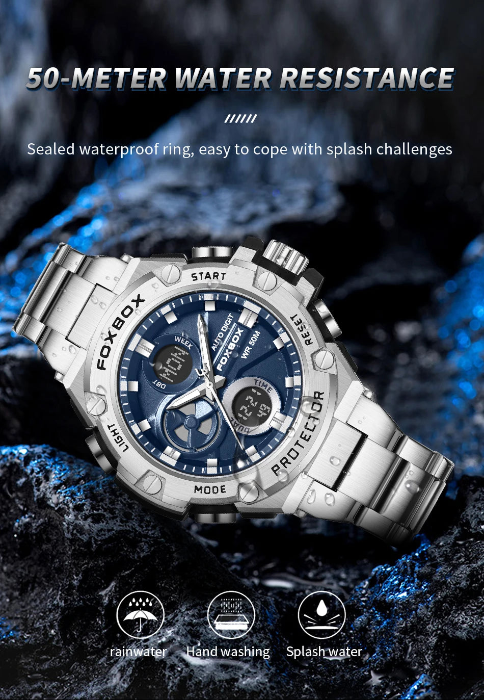 FOXBOX Relojes deportivos de lujo para hombre, reloj de pulsera de cuarzo de lujo, acero, resistente al agua, doble pantalla, relojes militares para hombre, reloj hommes