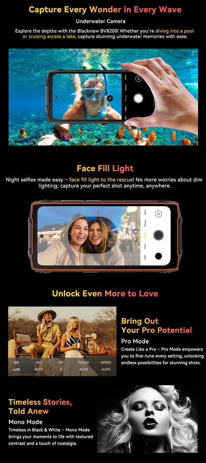 【Estreno mundial】Blackview BV8200 Teléfono resistente con pantalla de 6.5" 2.4K a 120Hz, procesador Helio G100, NFC, 12GB de RAM, 256GB de almacenamiento, Android 14 y cargador de 45W.