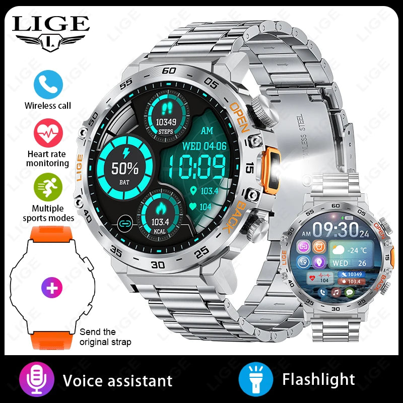 Nuevo reloj inteligente militar para hombre, pantalla AMOLED HD de 360*360, resistente al agua, con linterna LED, deportivo, para Android e iOS.