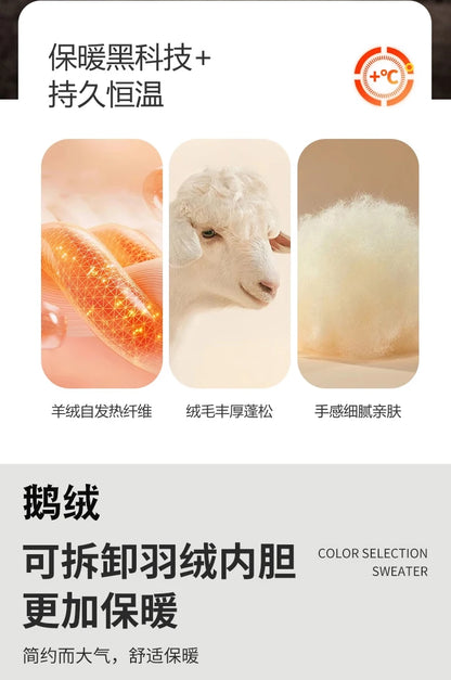 Abrigo de lana de doble faz para hombre, suave y cálido, ideal como prenda esencial. Incluye chaleco de plumas y forro. Color negro café. Estilo clásico.