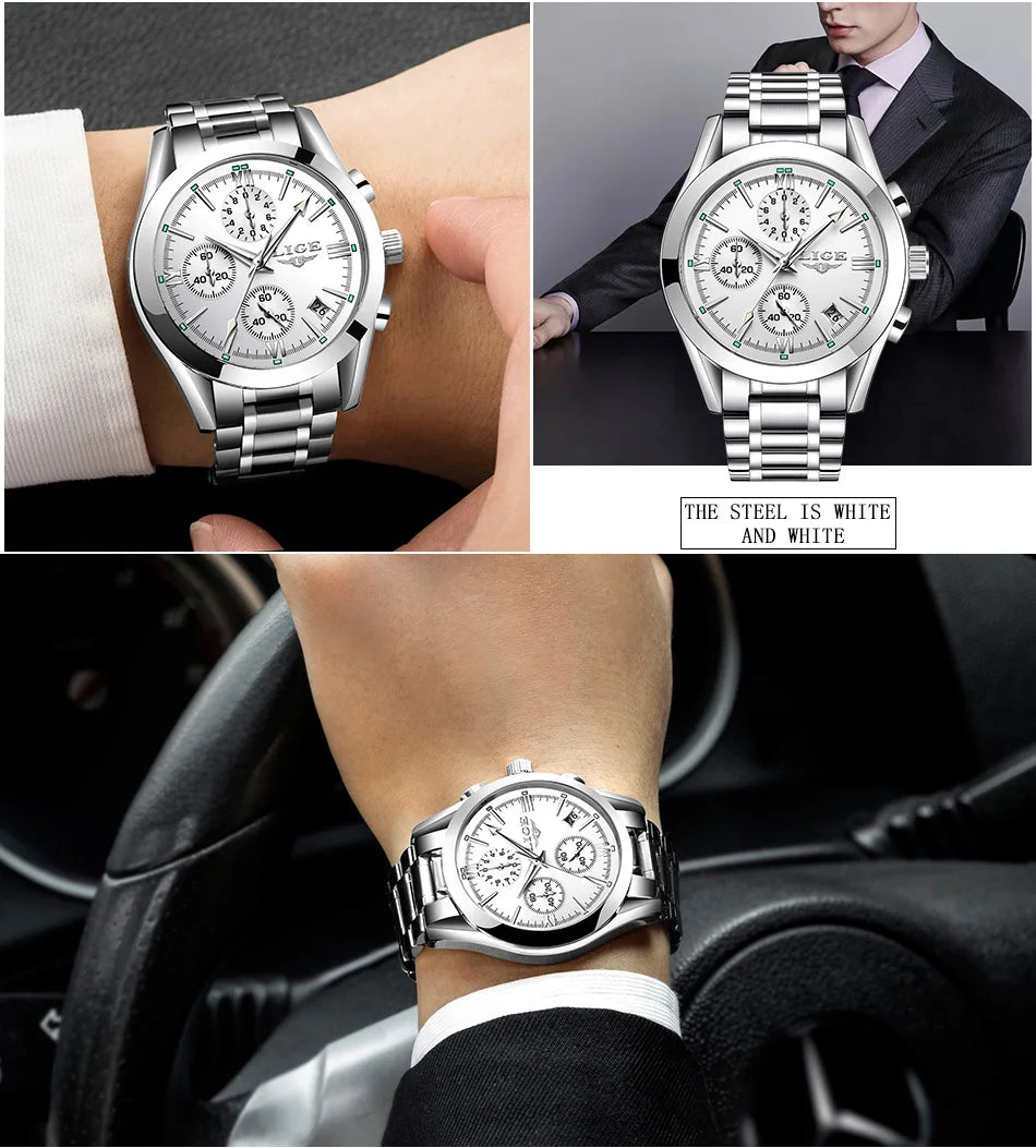 LIGE - Nuevos relojes de moda para hombre, marca superior de lujo, informal, militar, de cuero, de cuarzo, para negocios, resistente al agua, deportivo, cronógrafo