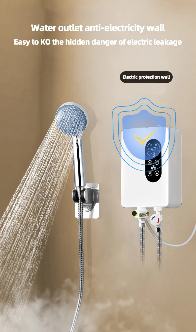 Calentador de agua instantáneo inteligente de pared con ducha eléctrica sin tanque y calentamiento rápido. Termostato para baño y cocina. 110V/220V