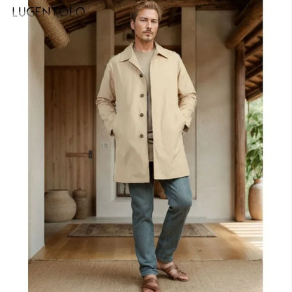 Chaqueta informal para hombre, otoño 2024, gabardina larga, color liso, solapa, corte ajustado, cárdigan de un solo botón, estilo casual y elegante.