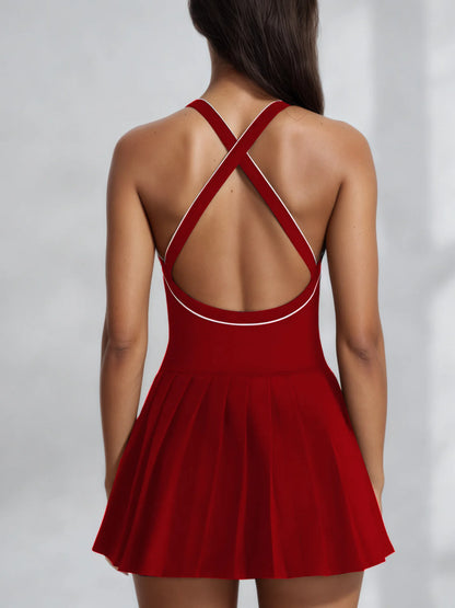 Vestido de yoga de una pieza para mujer con almohadillas para el pecho, falda plisada con bloques de color, alta elasticidad, secado rápido, antiexposición, falda de tenis y golf.