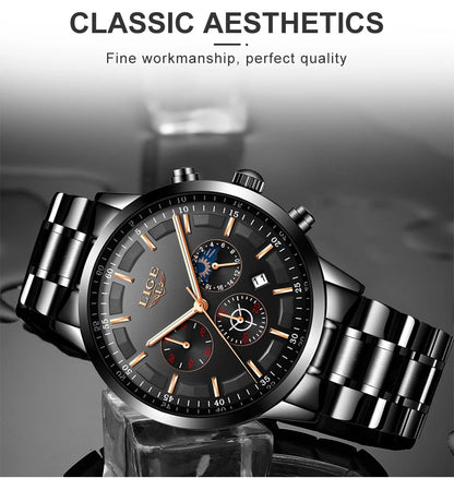 LIGE - Reloj de negocios para hombre, de cuarzo, de lujo, resistente al agua, 3 barras, cronógrafo luminoso, regalo + caja