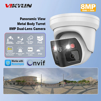 Cámara IP panorámica VIKYLIN compatible con Hikvision, 8 MP, 2 lentes, audio bidireccional, alarma MD2.0, videovigilancia exterior.