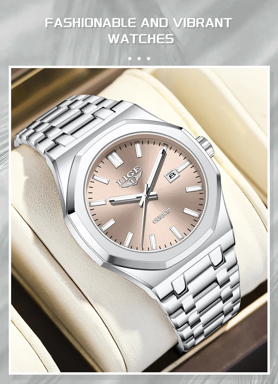 Reloj para hombre LIGE, resistente al agua, de acero inoxidable, luminoso, de negocios, de cuarzo, de moda, con calendario
