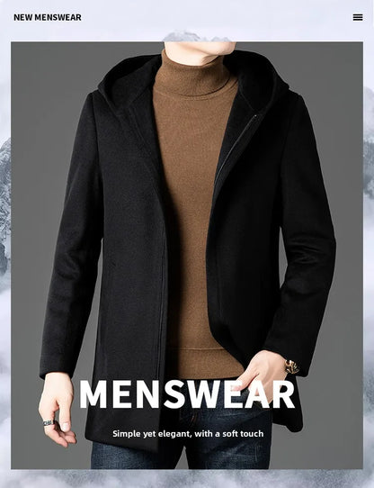 Abrigo largo de lana para hombre COMXZ, colección invierno 2025, gabardina de cachemir de diseño, chaqueta con capucha y forro de plumón de pato blanco, abrigo de lana de lujo