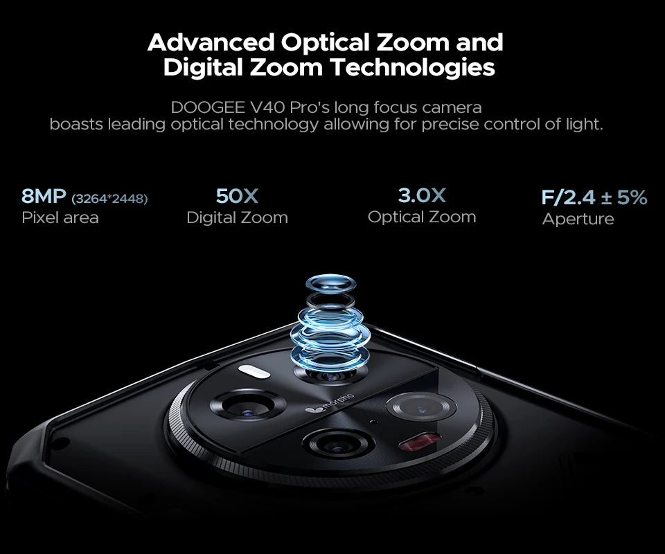 Teléfono robusto DOOGEE V40 Pro 5G versión global, pantalla de 6,78", 16 GB + 512 GB, dimensiones 7300, cámara con IA de 200 MP, 8680 mAh, cargador rápido de 33 W.