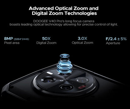 Teléfono robusto DOOGEE V40 Pro 5G versión global, pantalla de 6,78", 16 GB + 512 GB, dimensiones 7300, cámara con IA de 200 MP, 8680 mAh, cargador rápido de 33 W.