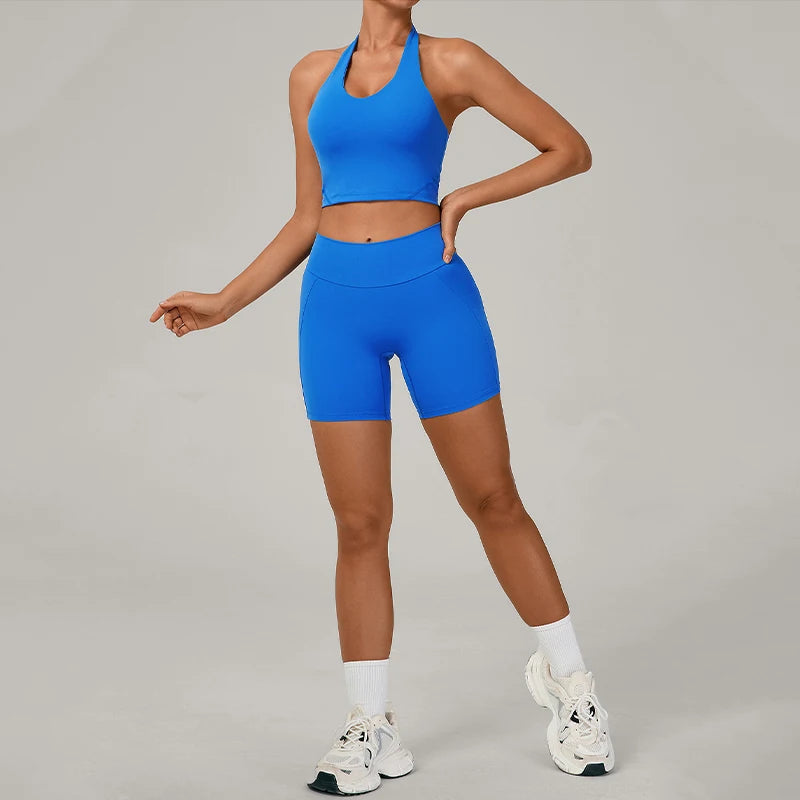 Ctenkevet - Conjunto de 2 piezas de sujetador halter sin espalda para mujer, ropa deportiva de secado rápido para gimnasio, conjunto deportivo femenino de dos piezas con pantalones cortos
