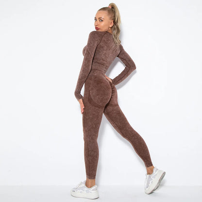 Conjunto de gimnasio con top corto sin costuras para mujer, conjunto de entrenamiento de yoga, ropa deportiva, leggings push up, chándal